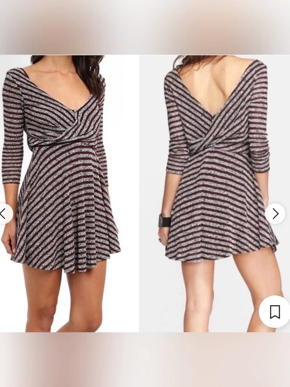 Free People Striped V-Neck Fit & Flare Mini Dress in Brown and Grey